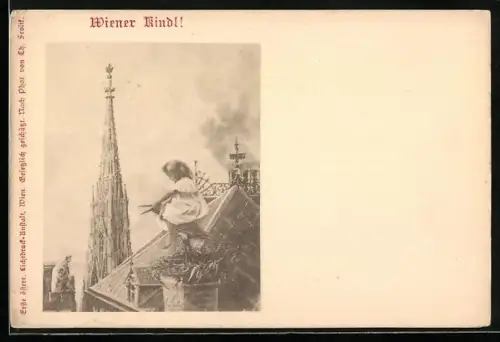 AK Wien, Wiener Kindl reitet auf einem Storch