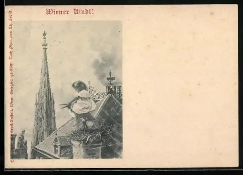 AK Wien, Wiener Kindl auf einem Storch