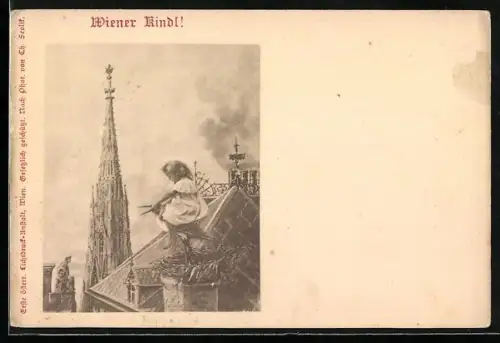 AK Wien, Wiener Kindl reitet auf einem Storch