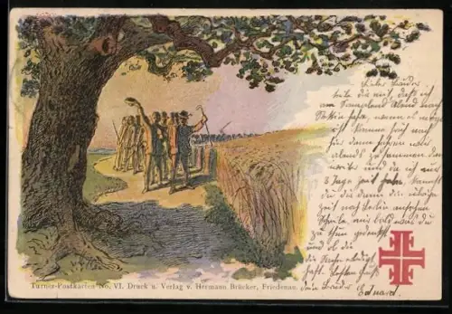 AK Turner auf Wanderschaft, Turnerkreuz