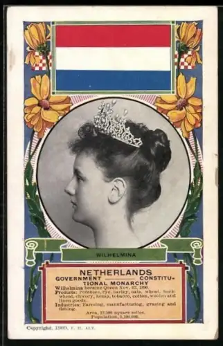 AK Wilhemina von den Niederlanden im Profil, Flagge