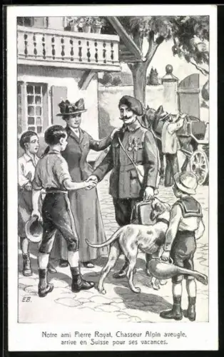 Künstler-AK Suisse, Pierre Royat, Chasseur Alpin aveugle, Blinder Soldat