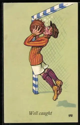 Künstler-AK Fussball-Torhüter bekommt den Ball ins Gesicht