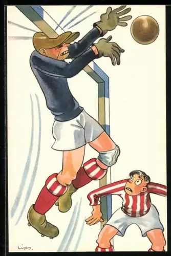 Künstler-AK Torwart stösst sich beim Abwehren eines Fussballs den Kopf
