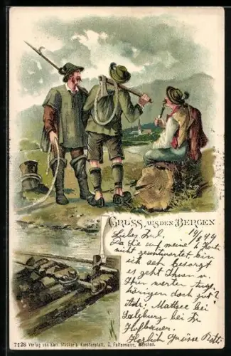 AK Drei Bergsteiger mit Seil am Floss