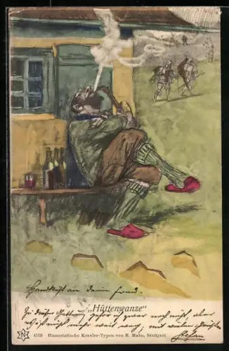 Künstler-AK Bergsteiger sitzt an einer Hütte und raucht, Hüttenwanze