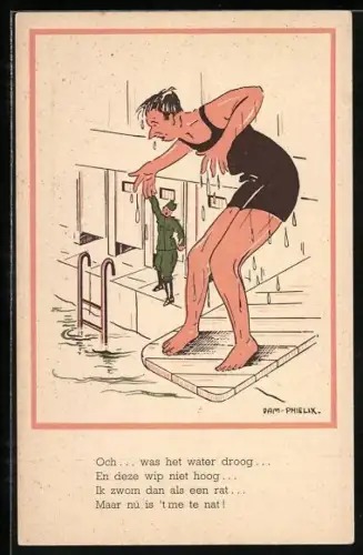 Künstler-AK Mann steht im Badeanzug auf einem Sprungbrett