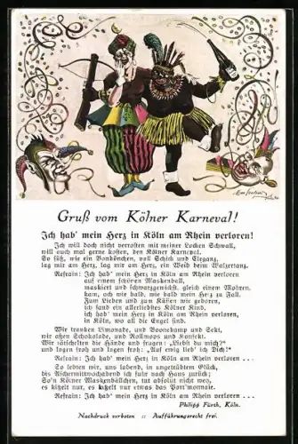 AK Köln, Zwei Personen in Kostümen, Liedtext Ich hab mein Herz in Köln am Rhein verloren
