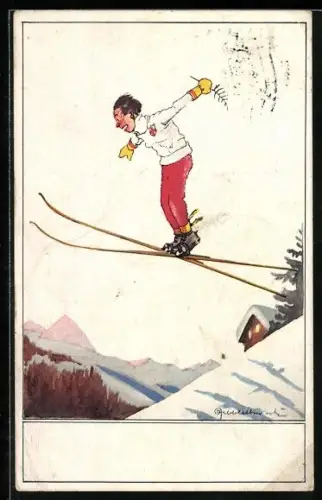 Künstler-AK Skifahrer beim Absprung