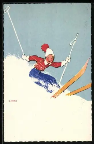 Künstler-AK E. Martin: Lächelnder Skifahrer im Schnee