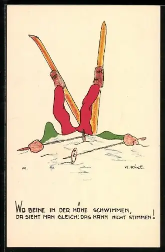 Künstler-AK Skifahrer steckt kopfüber im Schnee fest