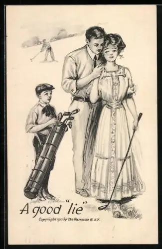 Künstler-AK Paar beim Gold-Spiel, Junge hält eine Tasche mit Schlägern