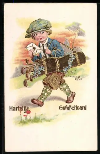 Künstler-AK Kleiner Junge mit Tasche voller Golf-Schläger und Brief