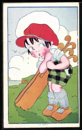 Künstler-AK Kleines Kind mif Golf-Schläger auf einer Wiese