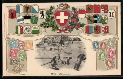 AK Bern, Bärengraben mit Briefmarken im Passepartout