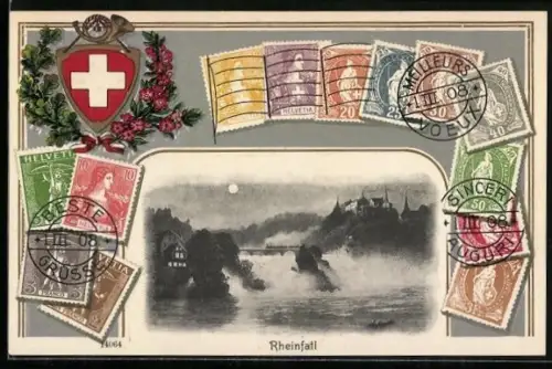AK Rheinfall mit Briefmarken