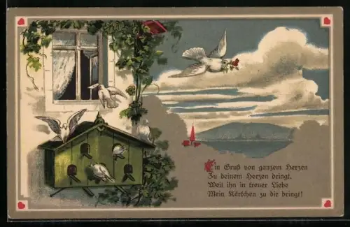 AK Brieftaube bringt Ansichtskarten