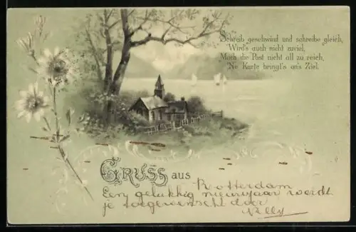 Lithographie Schreibfaul, Spruch, Ortsansicht am See, Blumen