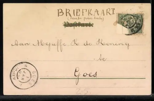 Lithographie Schreibfaul, Spruch, Ortsansicht am See, Blumen