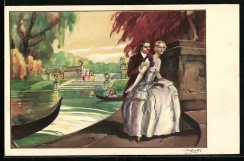 AK Liebespaar am Kanal, Art Deco