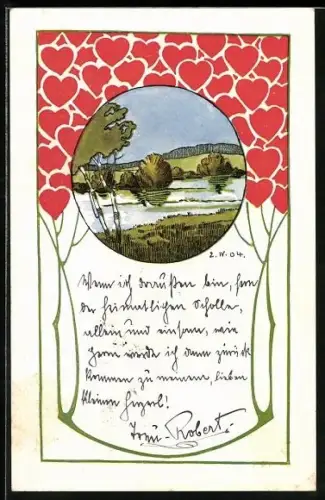 AK Herzen über einer Flusslandschaft, Jugendstil