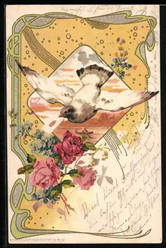 Präge-AK Vogel bringt einen Liebesbrief, Rosen und Vergissmeinnicht, Jugendstil