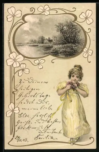Lithographie Idyllische Flusslandschaft und Mädchen mit Rosen im Jugendstil