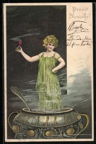 AK Junge Dame mit Gebräu im Jugendstil, Neujahrsgruss