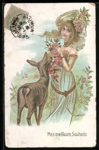 Künstler-AK Dame mit Reh und Rosen im Jugendstil
