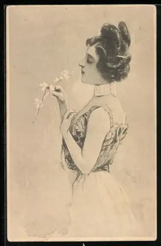 Künstler-AK Elegante junge Frau mit Blumen, Jugendstil
