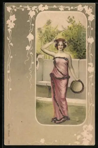 Künstler-AK Dame in fliessendem Gewand mit Korb, Jugendstil