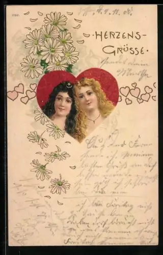 Künstler-AK Zwei Damen in einem herzförmigen Rahmen im Jugendstil