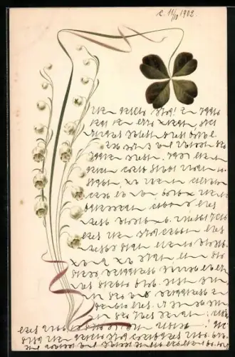 Lithographie Maiglöckchen und vierblättriges Kleeblatt im Jugendstil