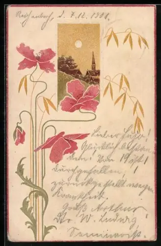 Präge-AK Idyllische Landschaft mit Kirche, Mohn und Getreide, Jugendstil