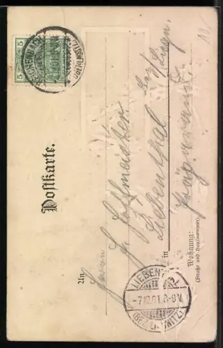 Präge-AK Idyllische Landschaft mit Kirche, Mohn und Getreide, Jugendstil