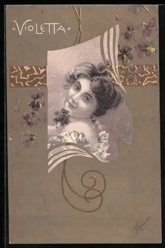 Künstler-AK Elegante Dame mit Veilchen im Jugendstil