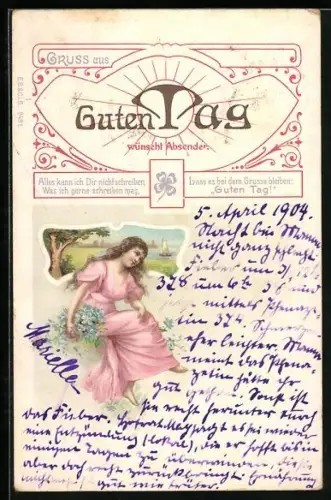 Lithographie Dame in rosanem Kleid mit Vergissmeinnicht, Jugendstil