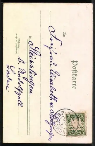 Lithographie Dame in rosanem Kleid mit Vergissmeinnicht, Jugendstil