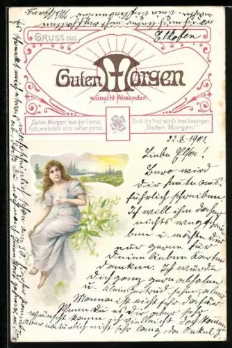 Lithographie Elegante junge Frau mit Maiglöckchen, Jugendstil