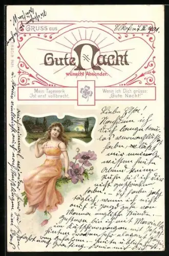 Lithographie Dame mit Mohnblumen vor einer Landschaft im Mondschein, Jugendstil