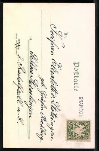 Lithographie Dame mit Mohnblumen vor einer Landschaft im Mondschein, Jugendstil