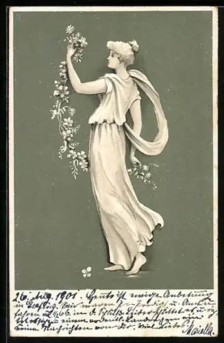 Lithographie Dame in fliessendem Gewand im Jugendstil