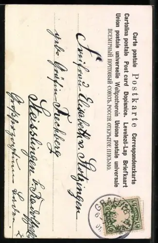 Lithographie Dame in fliessendem Gewand im Jugendstil