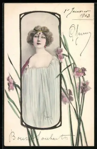 Künstler-AK Porträt einer Dame mit Ohrringen und Kopfschmuck, Jugendstil