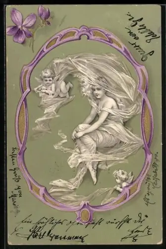 Lithographie Amoretten mit Schleier und Mädchen