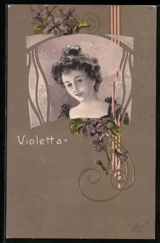AK Violetta, Porträt einer Frau und Vergissmeinnicht