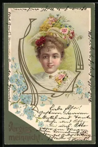 Künstler-AK Dame mit verziertem Hut und Vergissmeinnicht, Jugendstil