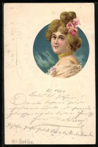 Lithographie Porträt einer Dame mit goldenem Schmuck und Rosen, Jugendstil