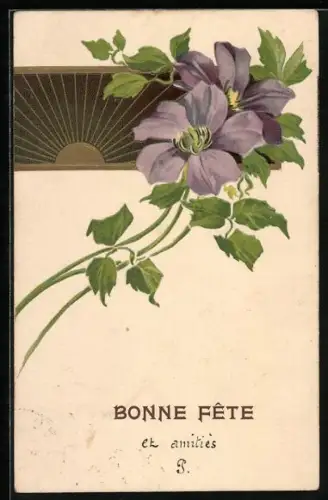 Präge-AK Lilane Blumen vor einem Sonnenaufgang im Jugendstil