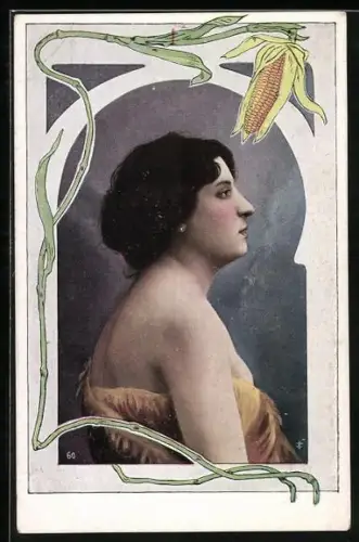 AK Porträt einer Dame im Profil mit Maiskolben, Jugendstil